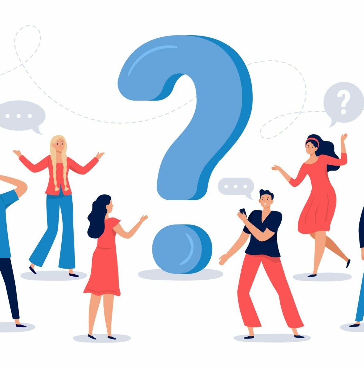 People Ask Question. Confused Person Asking Questions, Crowd Finding Answers And Question Sign Vector Illustration. Collective Brainstorm, Mutual Assistance Concept. Public Problem Solution Service